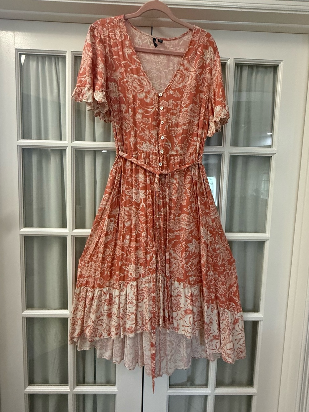 Versona Women’s Coral Floral Button-Front Midi Dress with Tie Waist